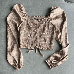Japna Beige Brown Cheetah Smocked Puff-Sleeve Crop Top
